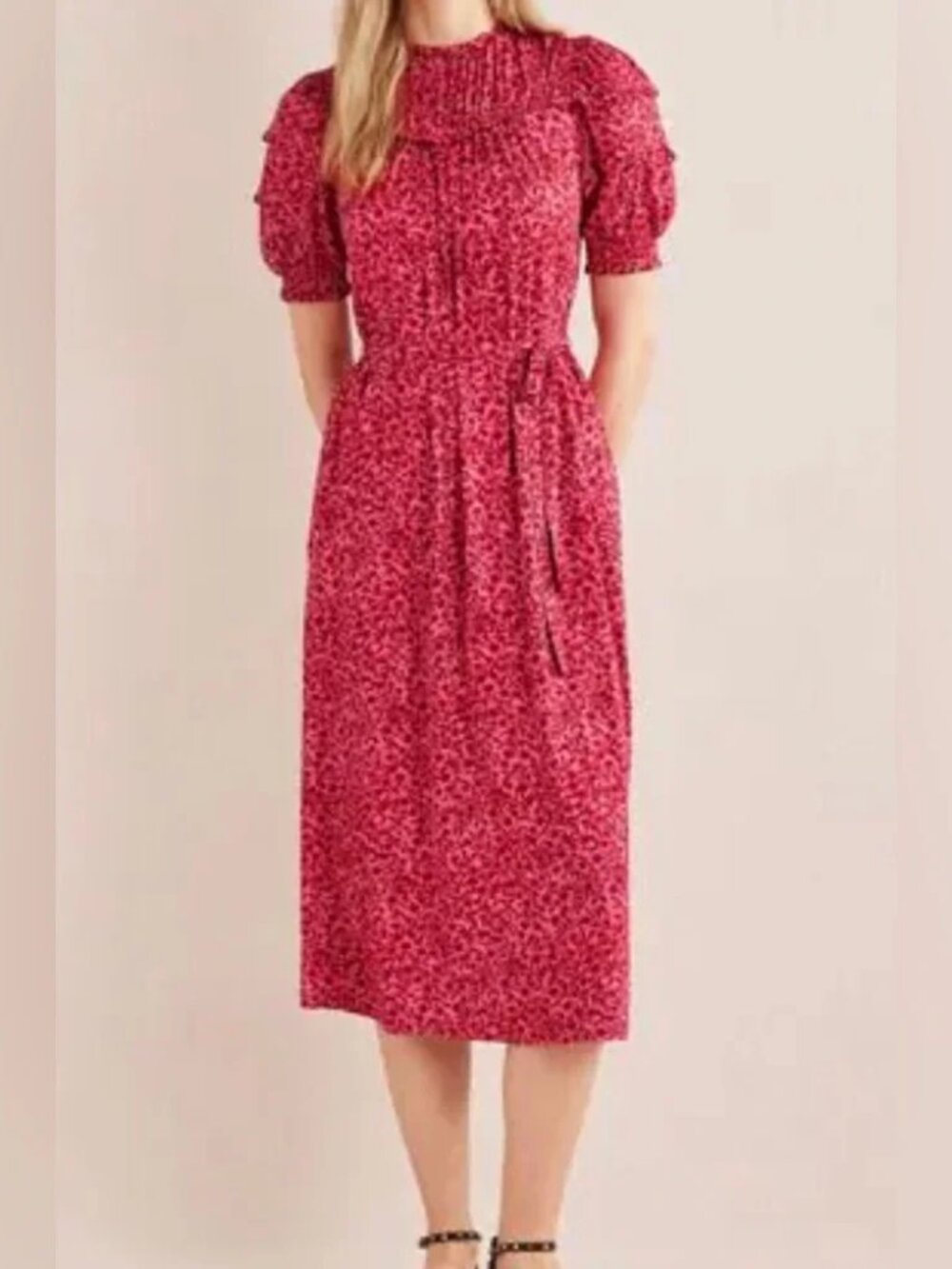 Boden Pink Floral Ruffle Stretch Jersey Knit Midi Dress with Belt and Pockets